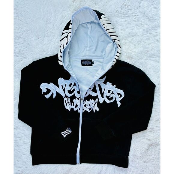 Y2K Black SZ S Irregular Pattern Gothic Punk Full Zip-Up Hoodie Jacket - Picture 3 of 15